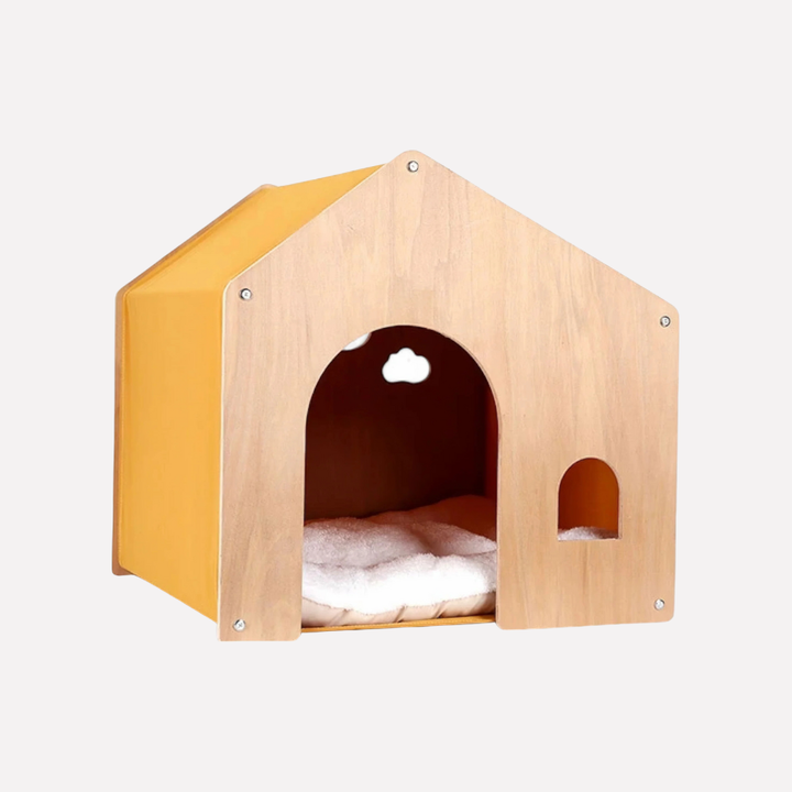 New elevated cat bed, solid wooden construction, plush beige cushion, perfect modern pet furniture.