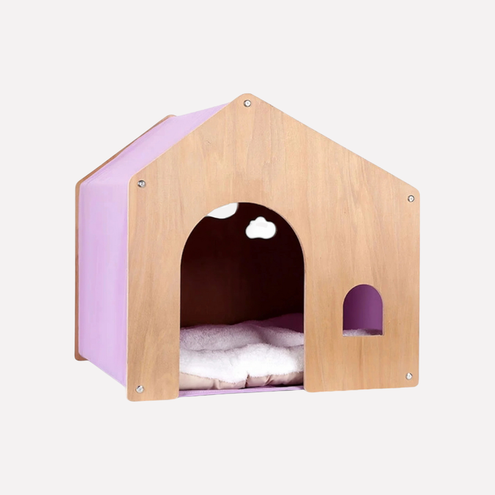 Contemporary wooden cat bed with an ultra-soft, washable cushion, providing a cozy pet retreat.