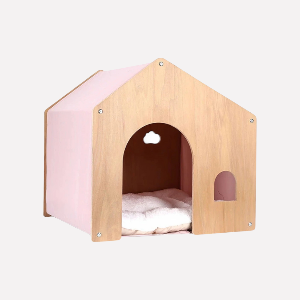 Elegant pet furniture: modern wooden cat bed featuring a comfortable, elevated sleeping area.