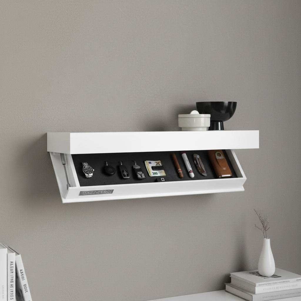 Modern floating wall shelf with hidden storage, perfect for home organization & decluttering.