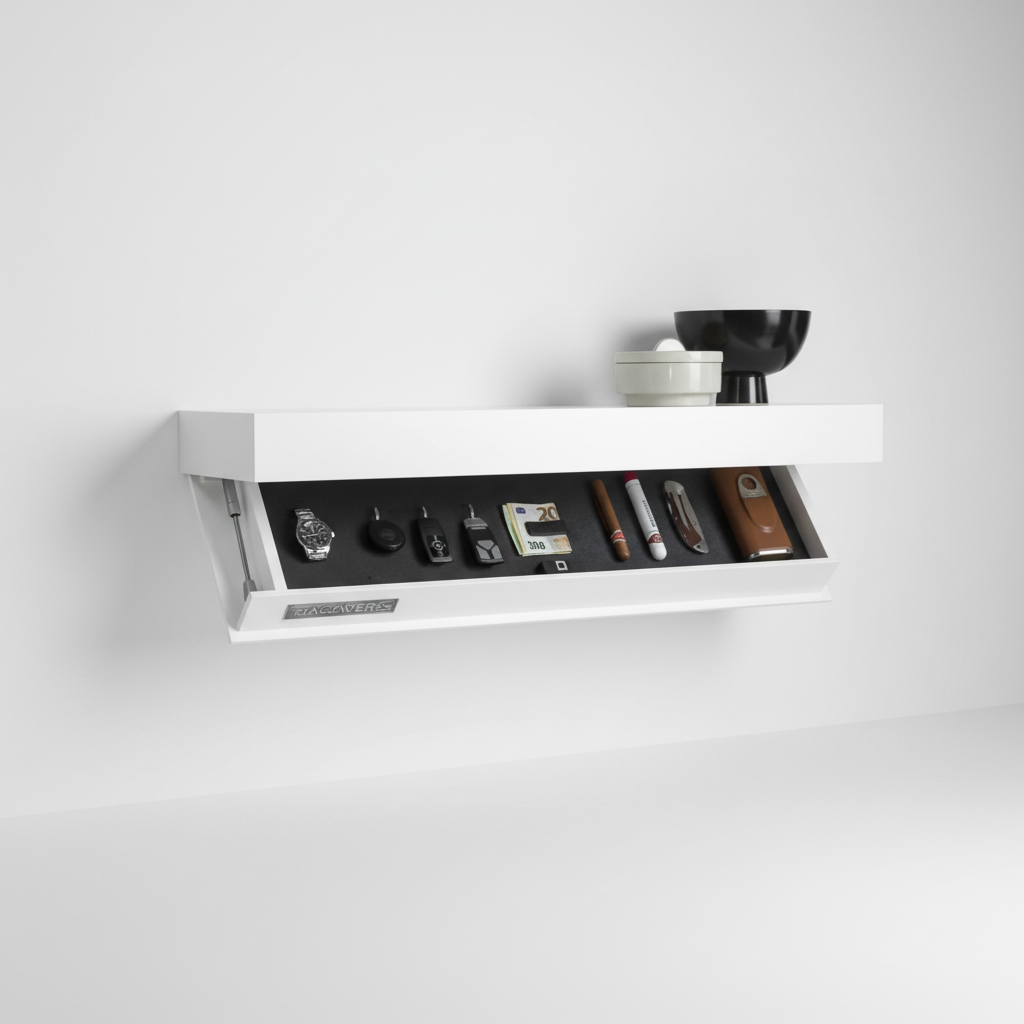 Sleek wood floating wall shelf, a modern home decor piece with clever hidden storage.