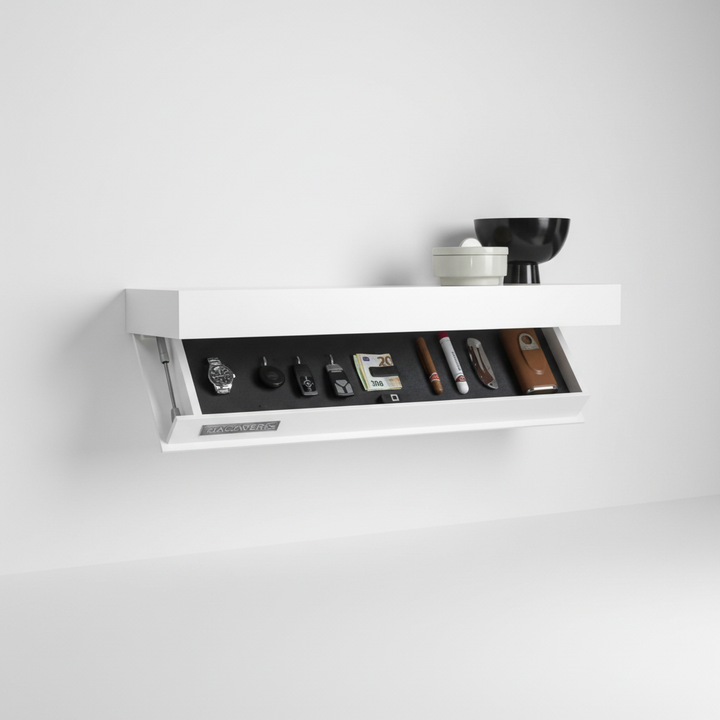 Sleek wood floating wall shelf, a modern home decor piece with clever hidden storage.