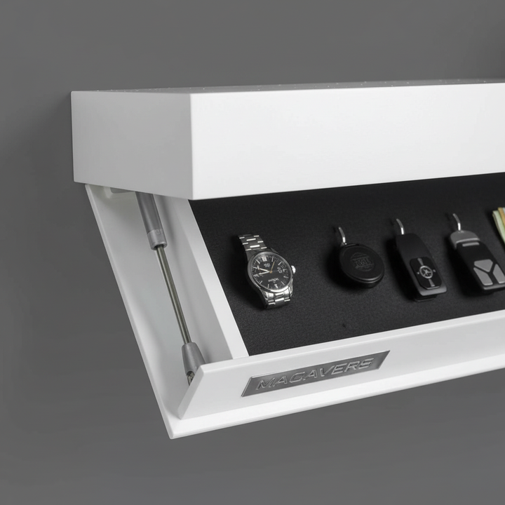 Entryway floating wall shelf offering space-saving hidden storage for modern home organization.