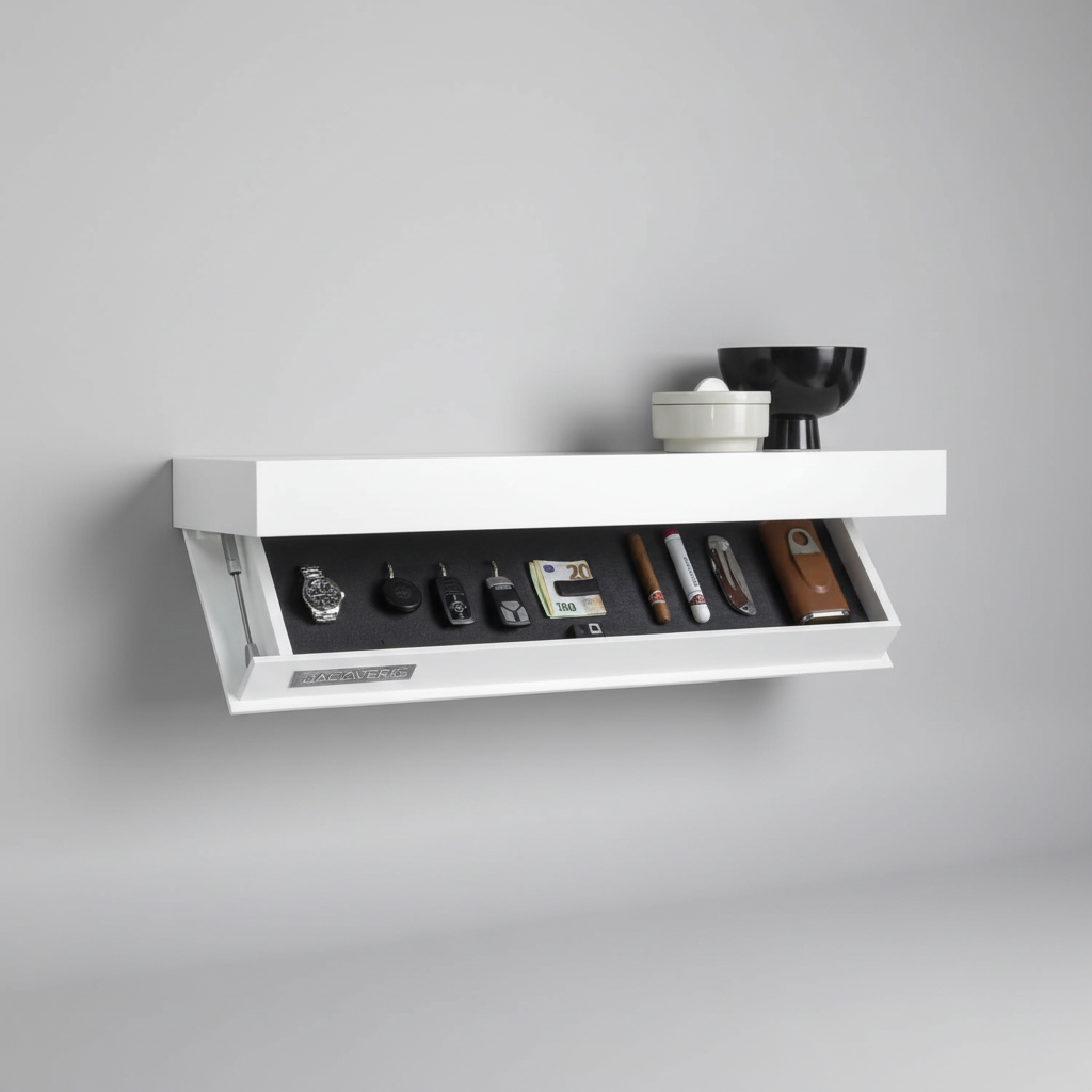 Declutter your space with this modern floating wall shelf, featuring smart hidden storage for essentials.