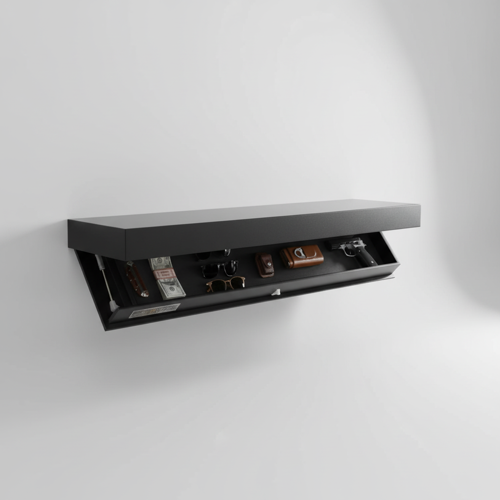 Contemporary floating wall shelf, wood finish, designed with integrated hidden storage for organization.
