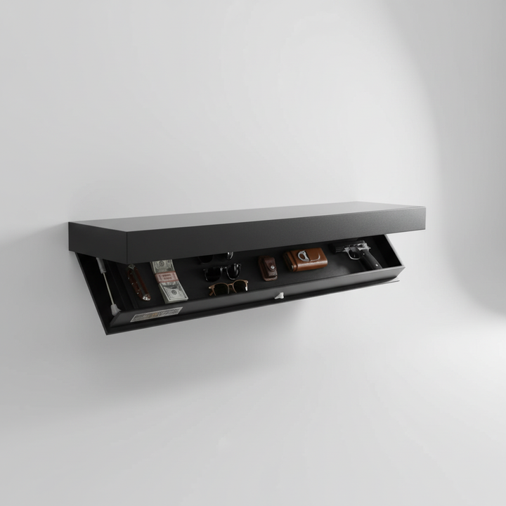 Contemporary floating wall shelf, wood finish, designed with integrated hidden storage for organization.
