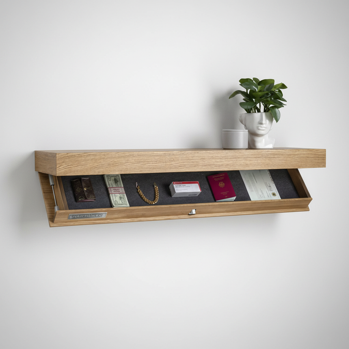 Stylish floating wall shelf, a modern wood organizer with hidden storage for efficient home decor.