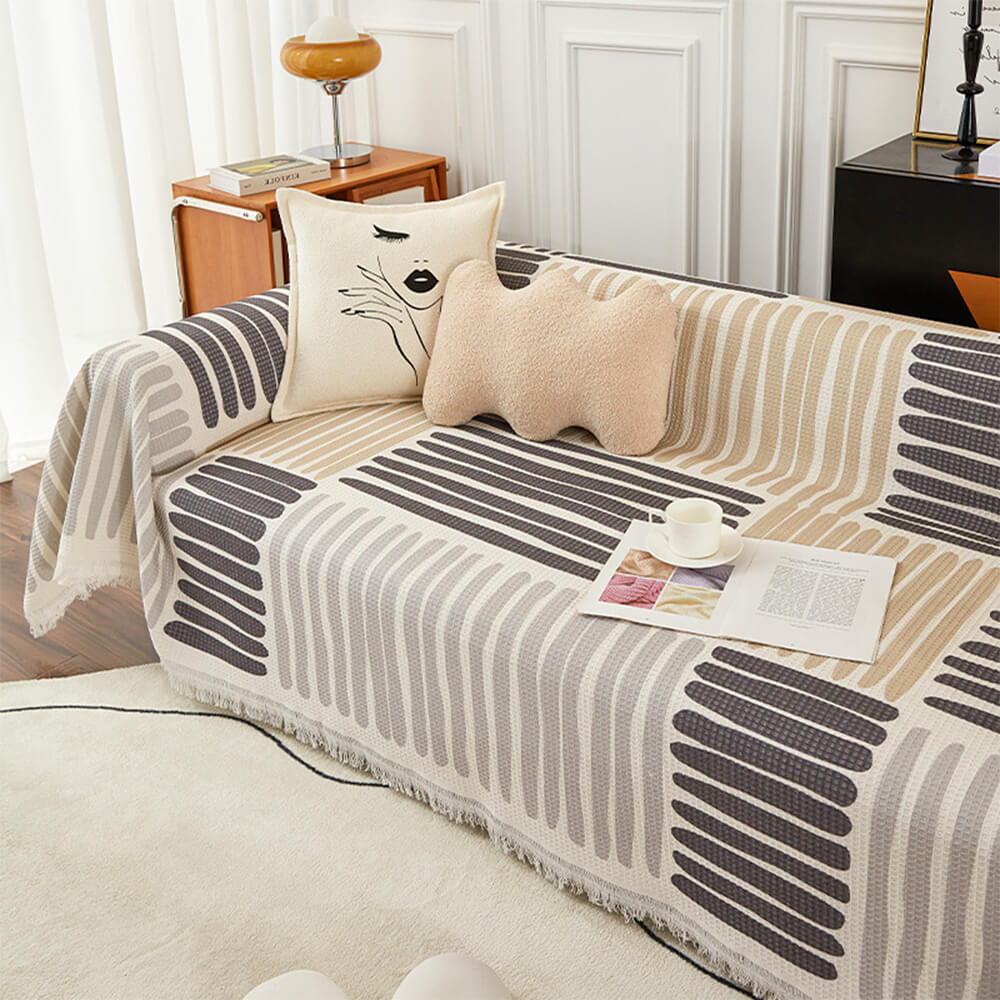 Cotton linen multi-color sofa cover with modern geometric design, easy care for pet owners