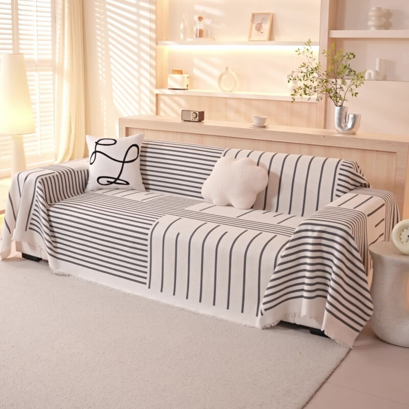 Textured multi-color geometric sofa cover, durable cotton linen furniture protection
