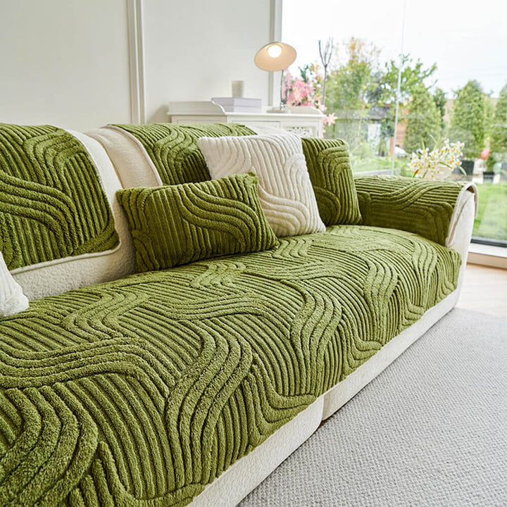Modern geometric plush non-slip sofa protector cover, pet friendly furniture protection