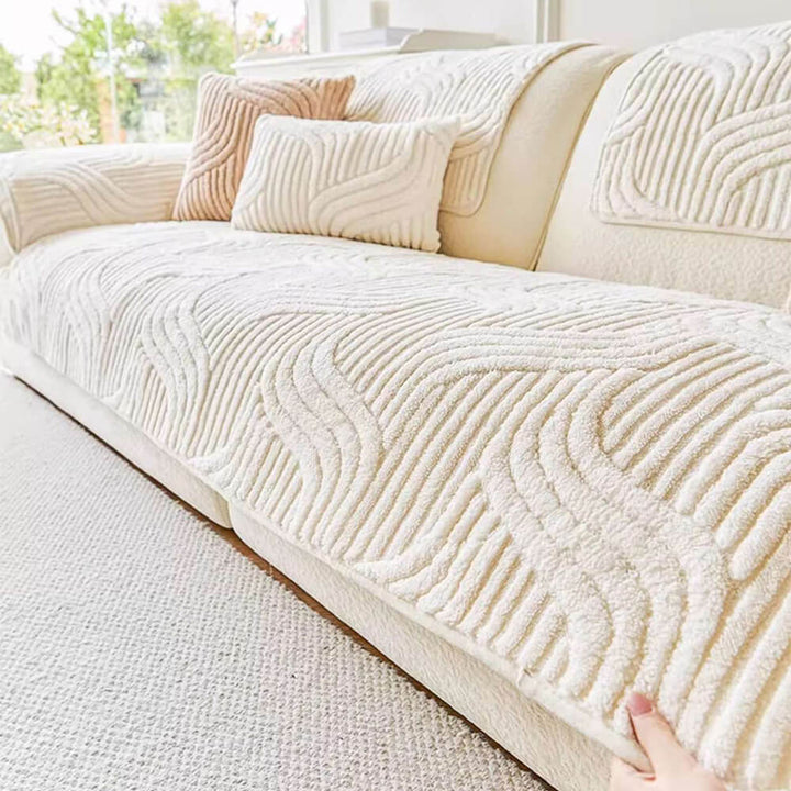 Pet friendly geometric plush non-slip sofa cover, versatile furniture protection