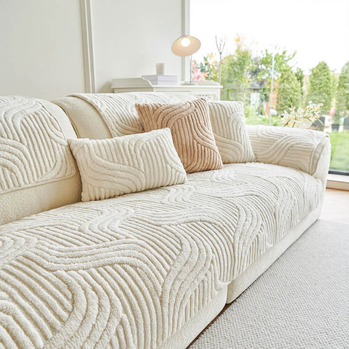 Geometric pattern plush sofa cover, non-slip and pet friendly for modern home decor