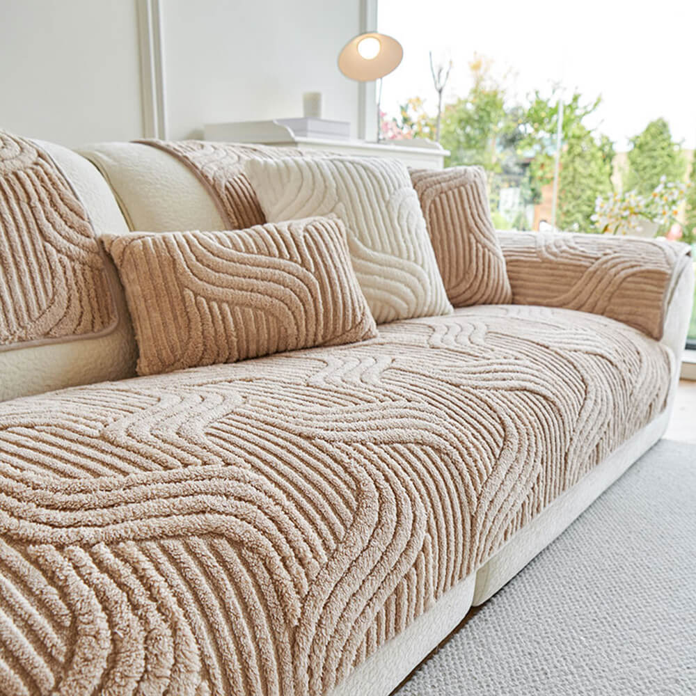 Luxury plush geometric non-slip sofa protector, durable furniture cover for pets
