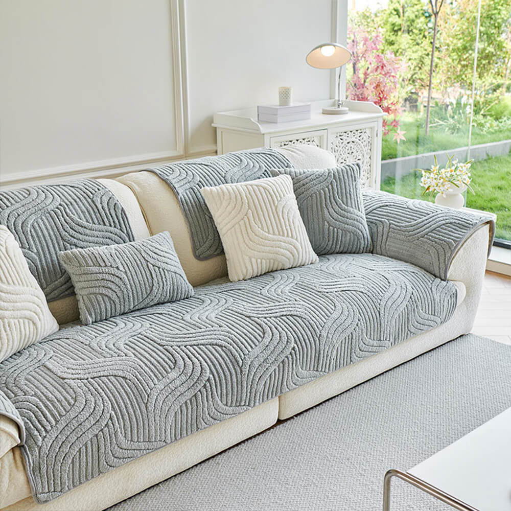 Modern non-slip couch cover with geometric texture, plush and pet friendly protection
