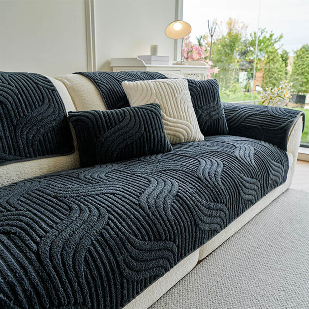 Stylish geometric plush sofa protector, non-slip design for modern living rooms