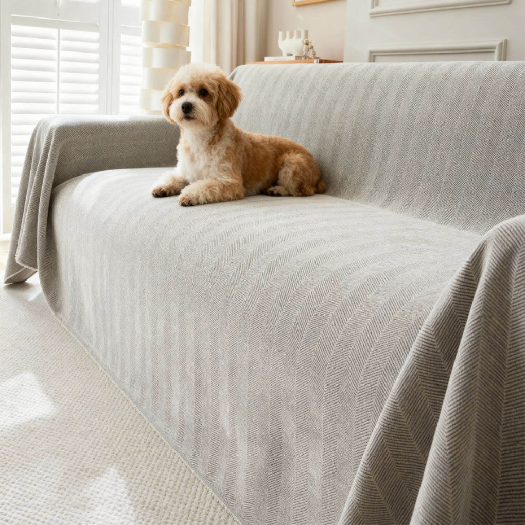 Modern geometric sofa cover in gray stretch fabric for sectional, pet-friendly furniture protector