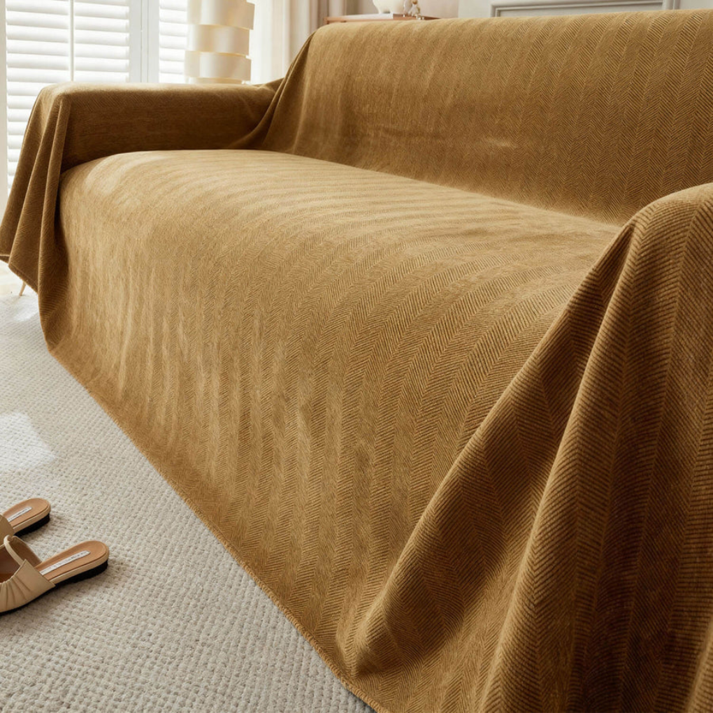 Geometric pattern sofa cover in neutral tones, enhancing modern home decor, easy care