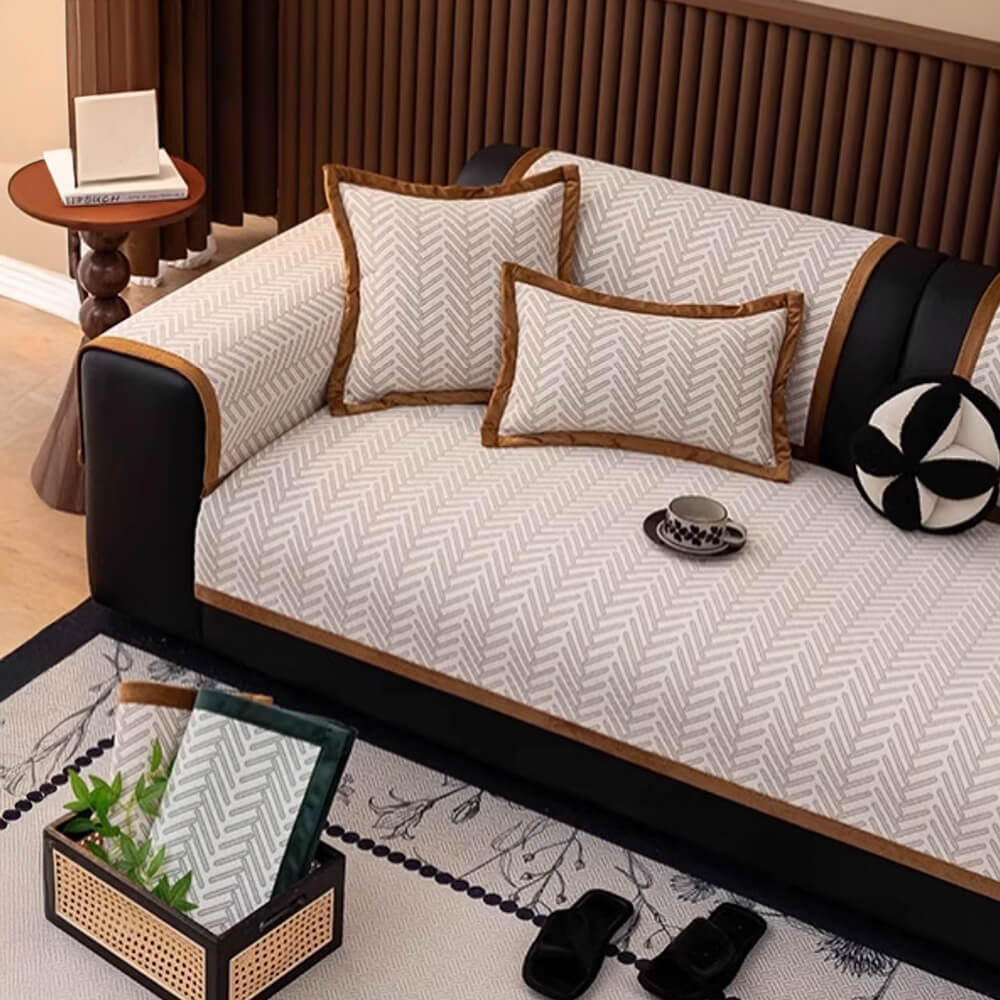 Anti-scratch herringbone chenille sofa cover, specifically designed to withstand pet claws.