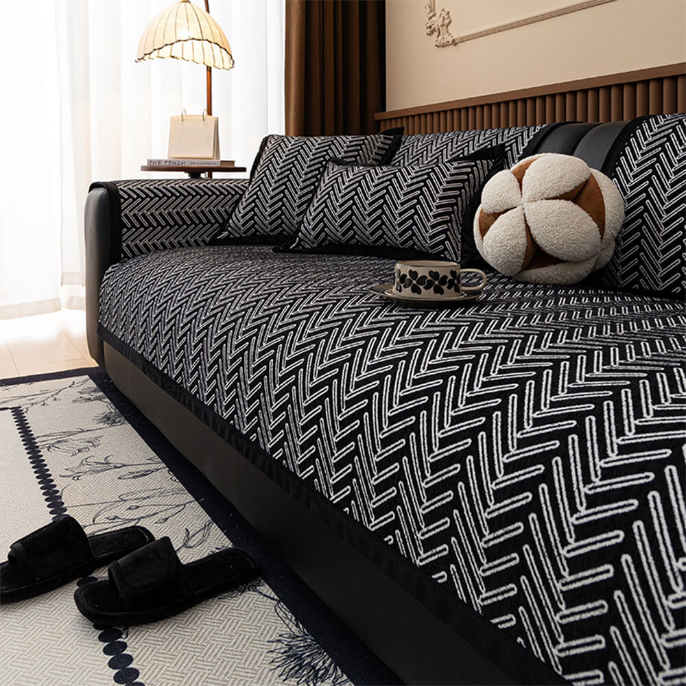 Non-slip backing of herringbone chenille sofa cover, demonstrating secure fit and anti-slip features.