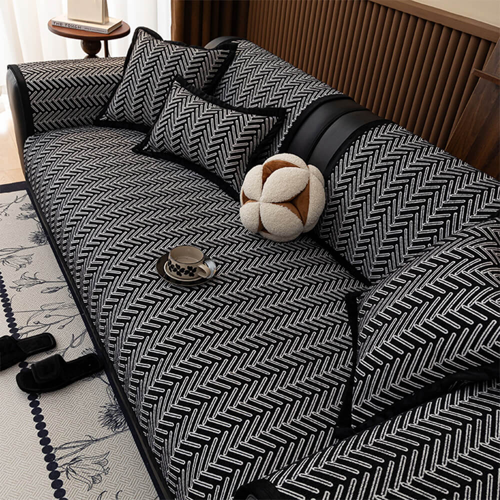Soft-touch chenille couch cover with elegant herringbone pattern, pet-friendly protection