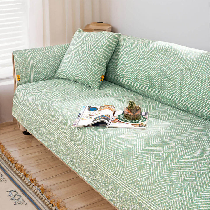 Modern ice silk cooling couch cover on light gray sectional sofa, non-slip design, home decor.