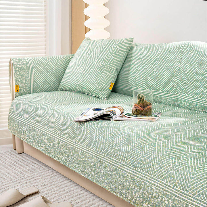 Geometric pattern ice silk cooling couch cover for sectional, washable sofa protector.