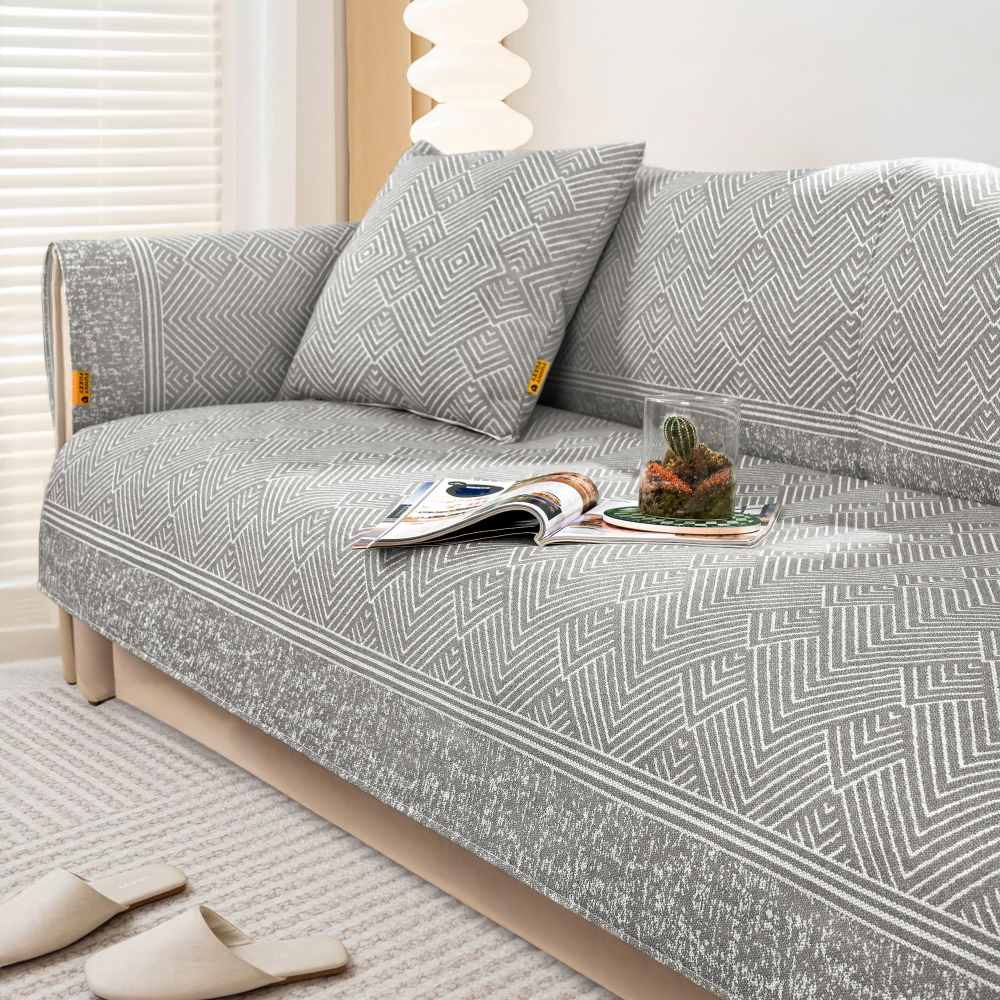 Full view of sectional sofa with modern ice silk cooling cover, grey, comfortable home decor.