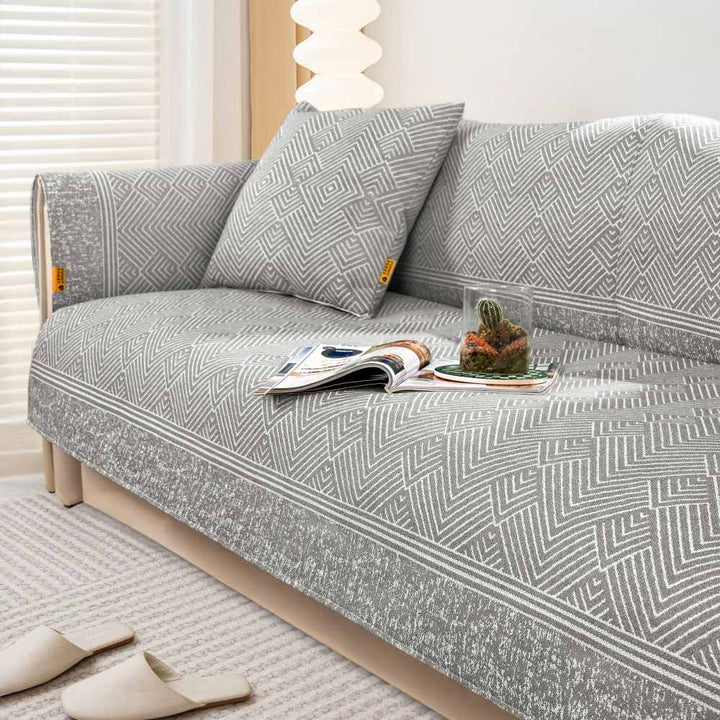 Full view of sectional sofa with modern ice silk cooling cover, grey, comfortable home decor.