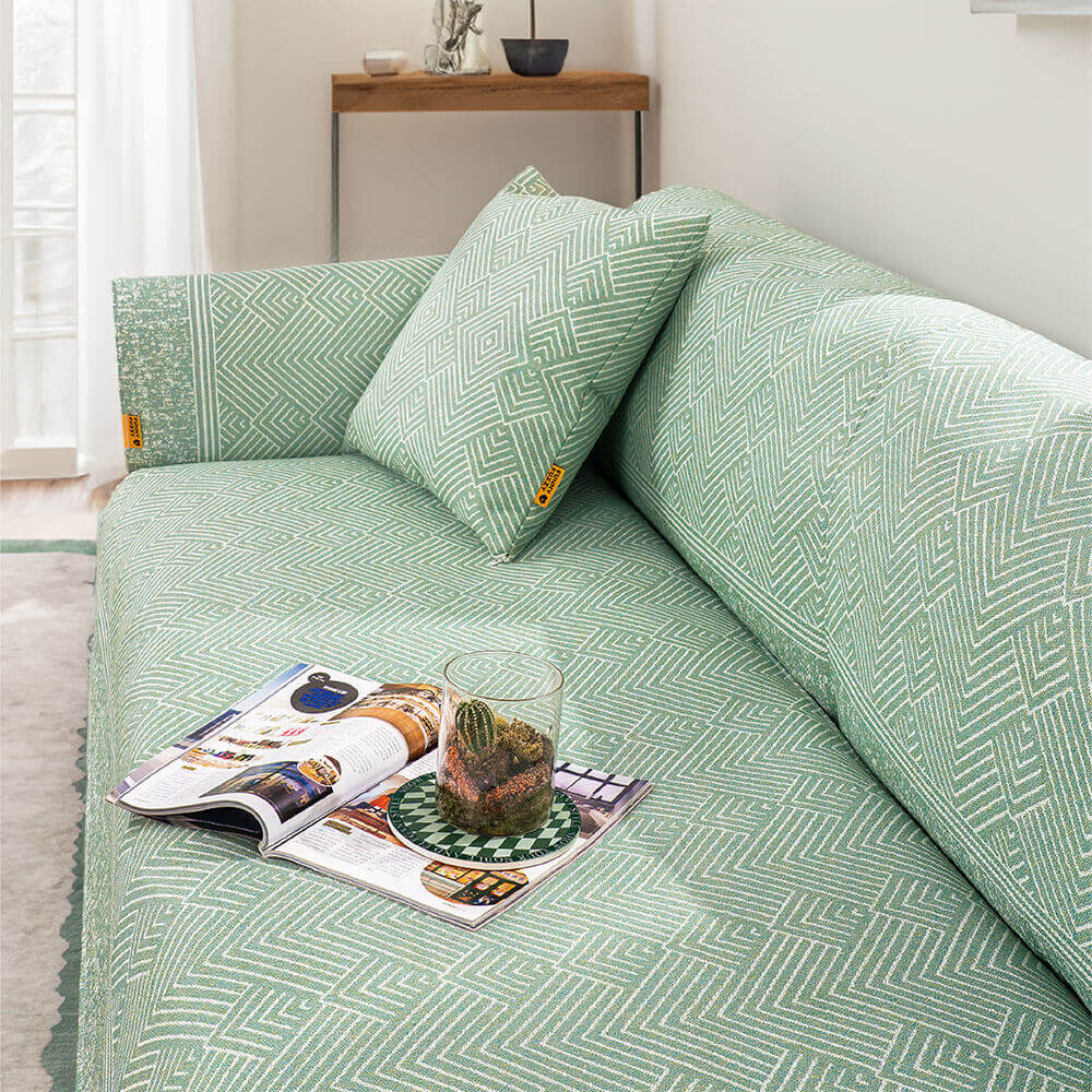 Ice silk cooling couch cover draped over large L-shaped sectional, comfort and style.