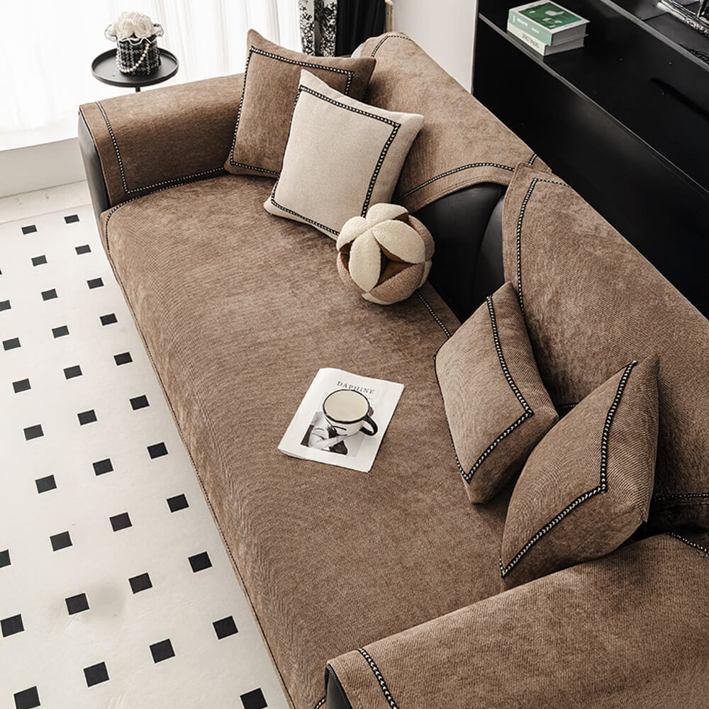 Pet-friendly chenille furniture protector in a neutral tone with a modern jacquard weave, enhancing living room decor