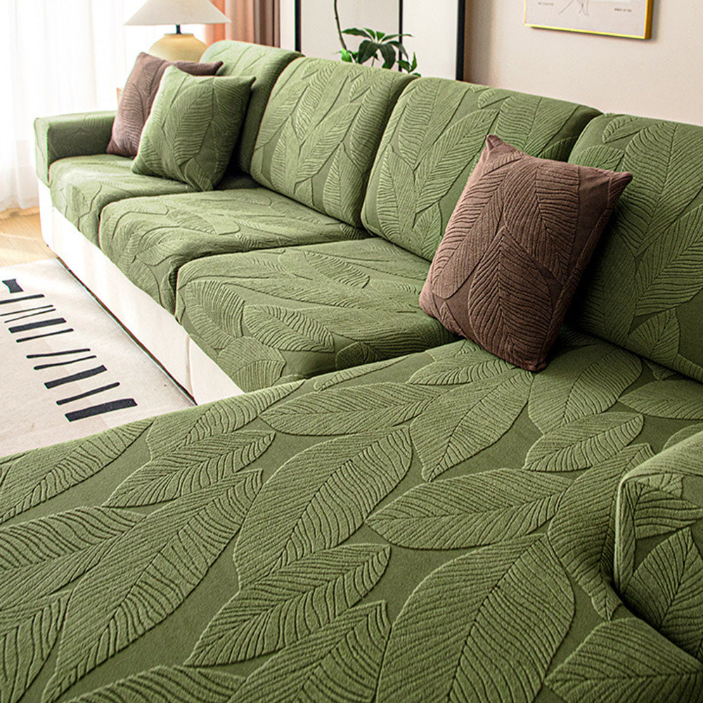 Stylish jacquard leaf sofa cover, stretchable and anti-scratch, keeps furniture safe from spills and pets