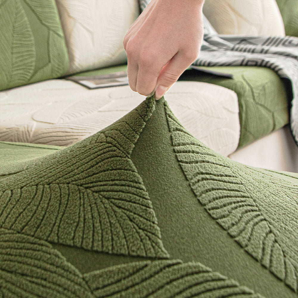 Stretch jacquard couch cover with elegant leaf design, water repellent & anti-scratch furniture protector