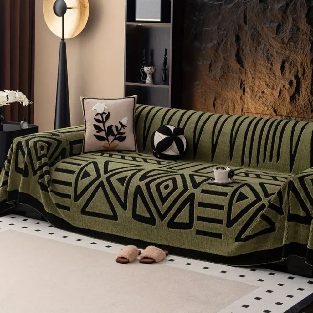 Stylish microfibre jacquard sofa cover, maze pattern, protects couch from pets, easy care