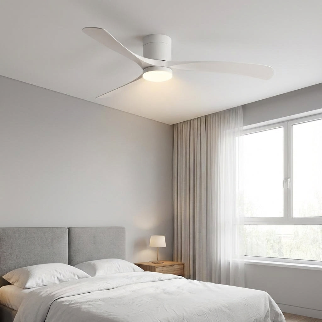 Modern LED ceiling fan with remote control and quiet operation for efficient room cooling.