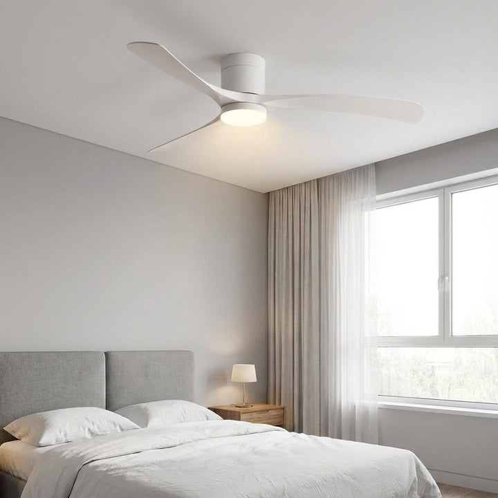 Modern LED ceiling fan with remote control and quiet operation for efficient room cooling.