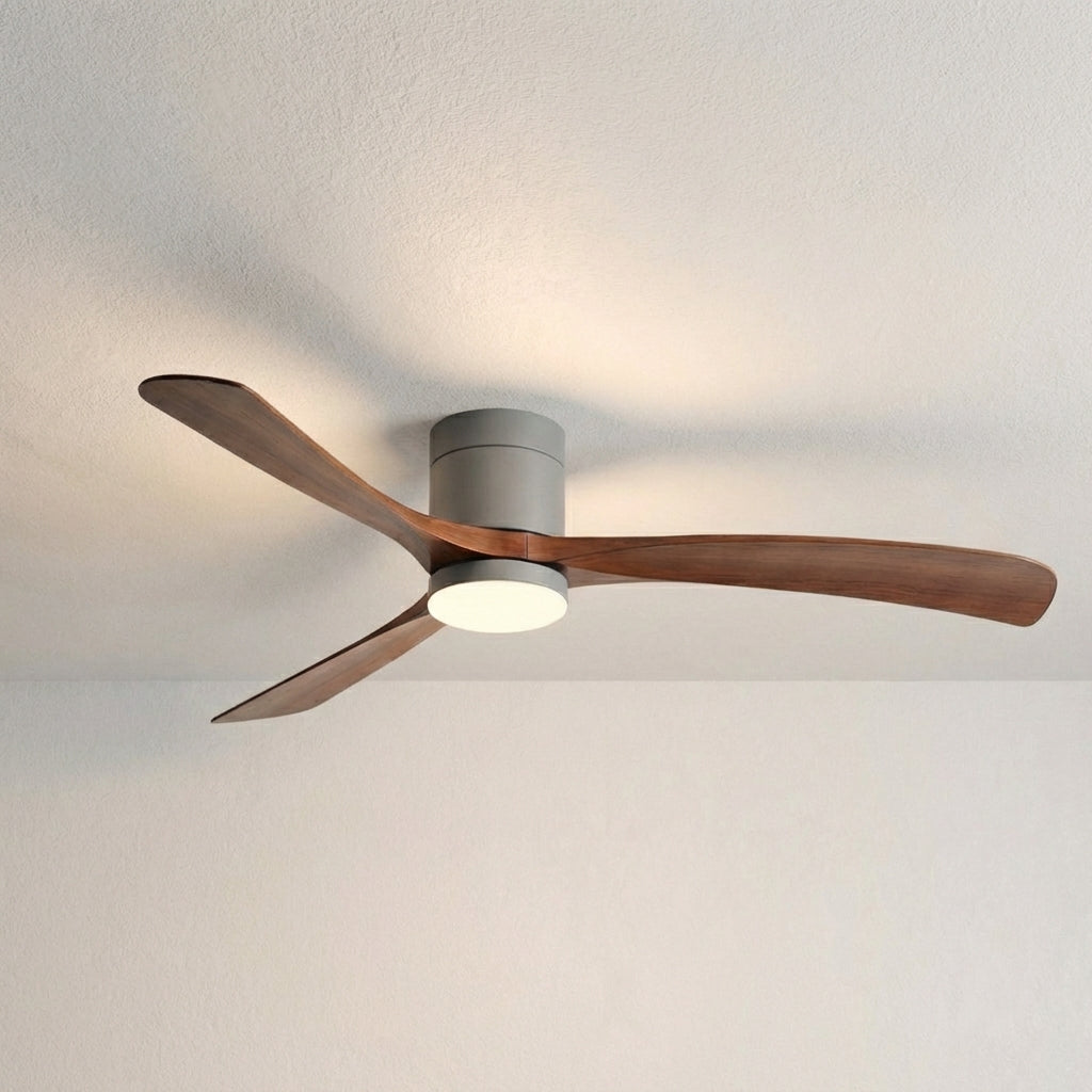 Stylish modern LED ceiling fan with remote, offering bright indoor lighting and gentle air flow.