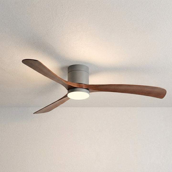 Stylish modern LED ceiling fan with remote, offering bright indoor lighting and gentle air flow.