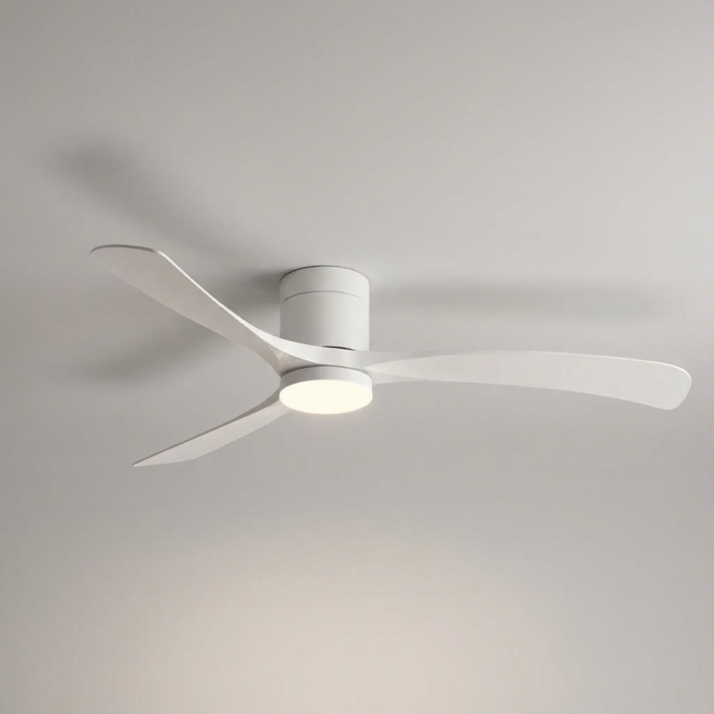 Sleek modern ceiling fan with integrated LED light, remote control, enhancing home decor.