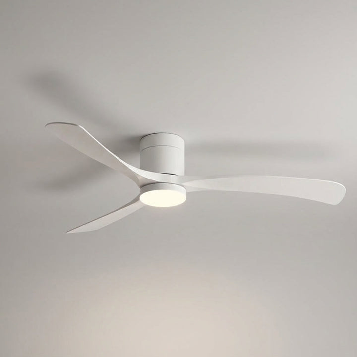 Sleek modern ceiling fan with integrated LED light, remote control, enhancing home decor.