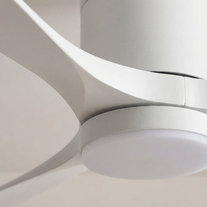 Energy-efficient modern LED ceiling fan, quiet operation, remote for comfortable air circulation.