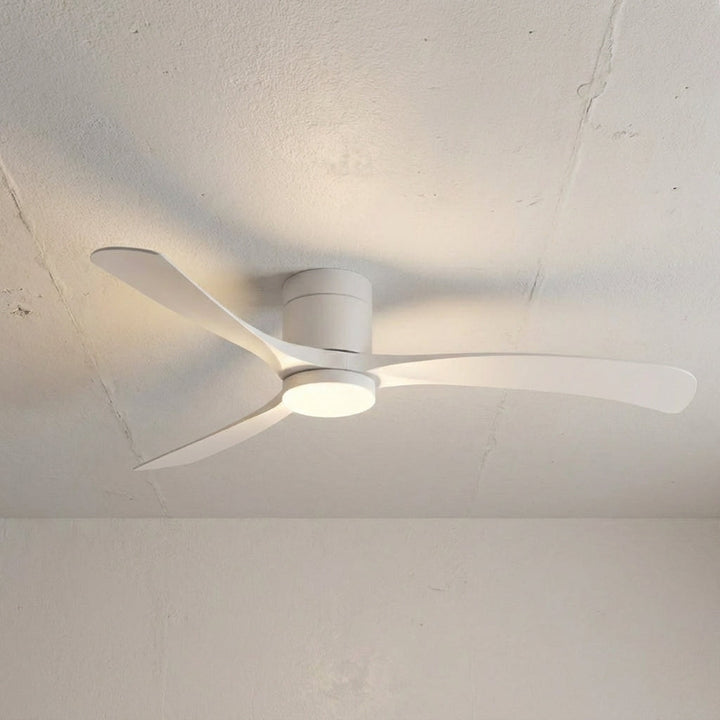 White modern LED ceiling fan fixture with remote, perfect for indoor lighting and cooling.