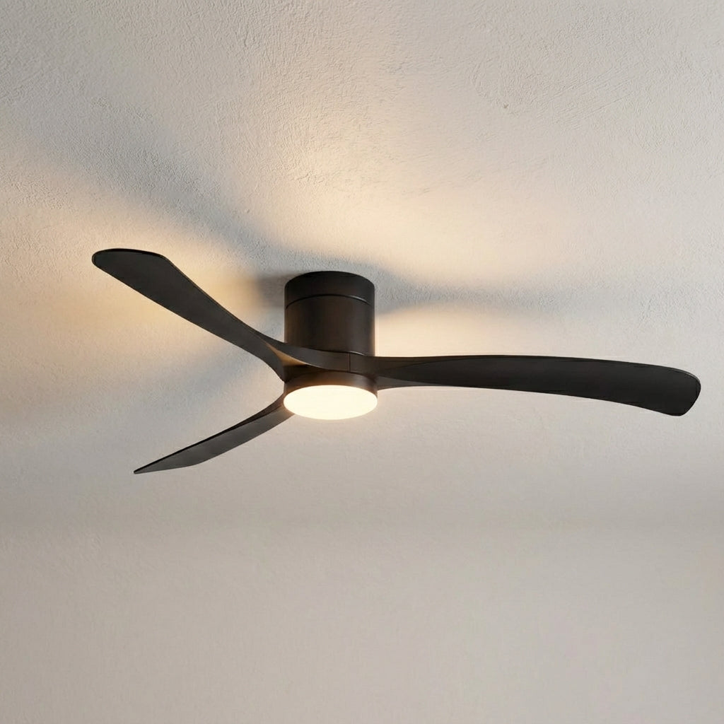 Quiet modern ceiling fan with bright LED light and remote control, offering pleasant air circulation.