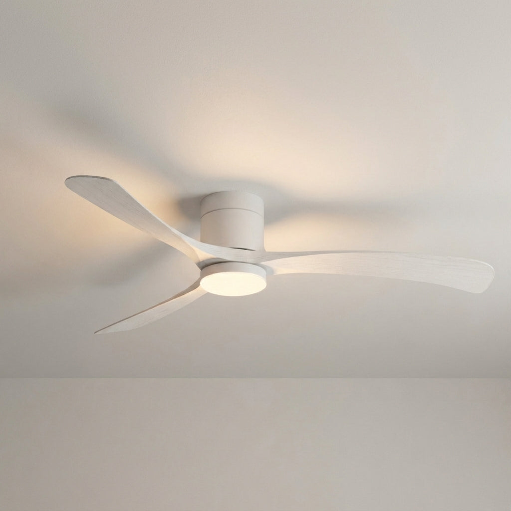 Contemporary LED ceiling fan with remote, quiet motor, and reversible fan for modern homes.