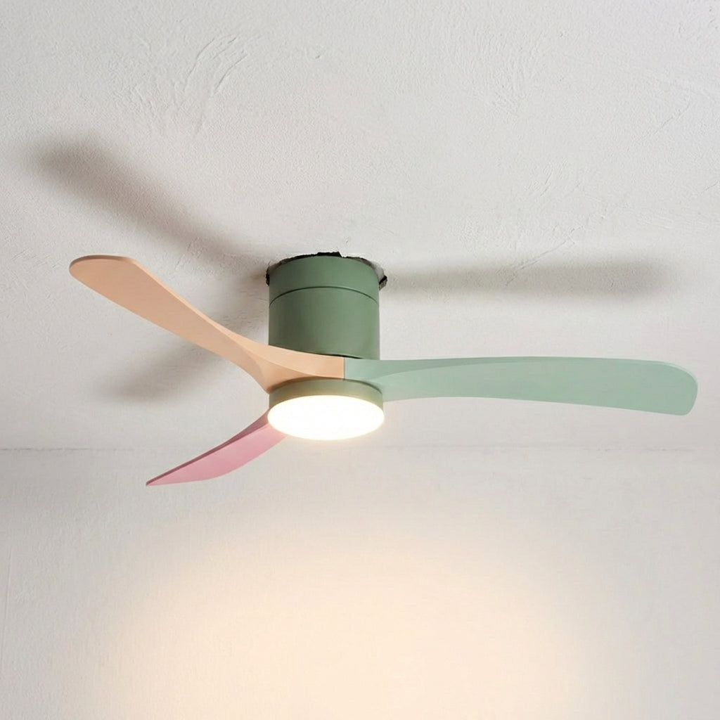Energy-efficient modern LED ceiling fan for quiet room cooling, air circulation via remote.