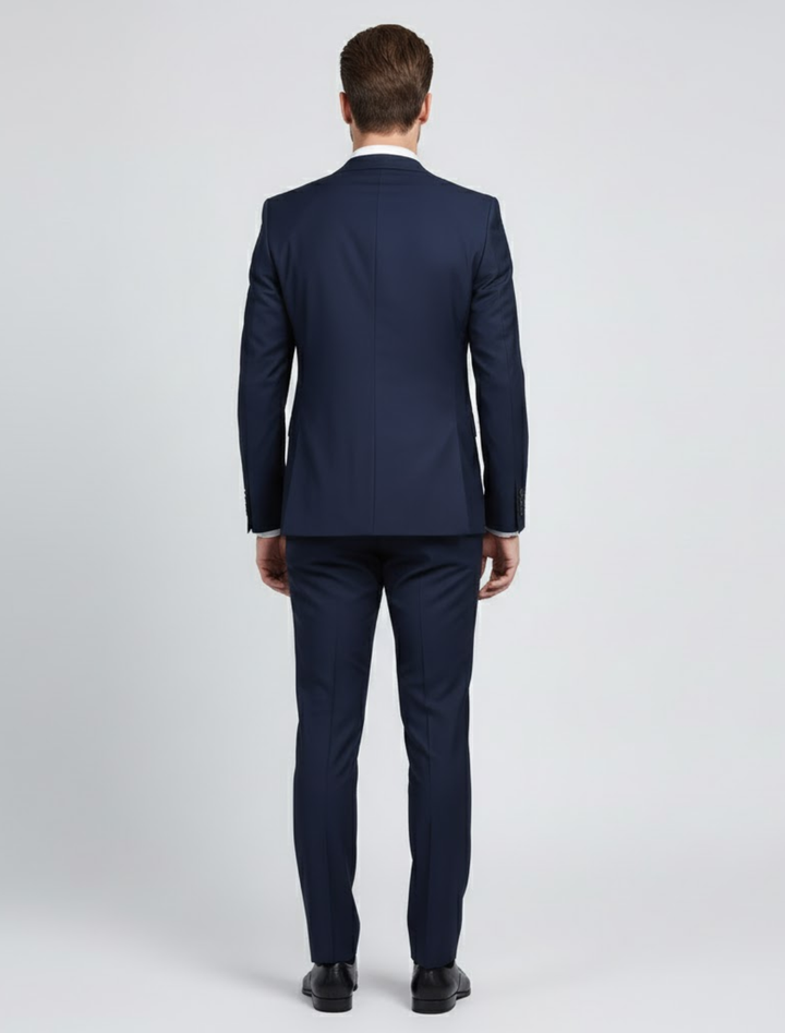 Elegant men's bordeaux tailored two-piece suit. Slim-fit blazer & trousers for modern professional style.