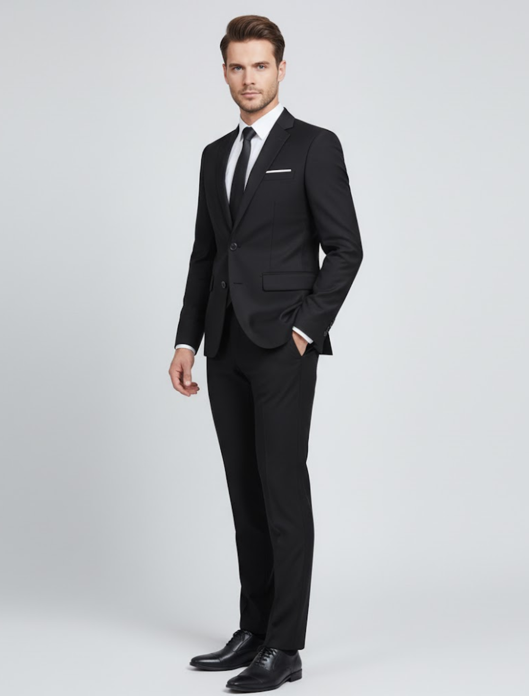 Men's tailored two-piece business suit. Slim-fit blazer and trousers, perfect for a modern professional look.