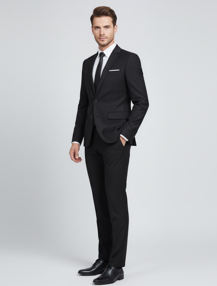 Men's tailored two-piece business suit. Slim-fit blazer and trousers, perfect for a modern professional look.