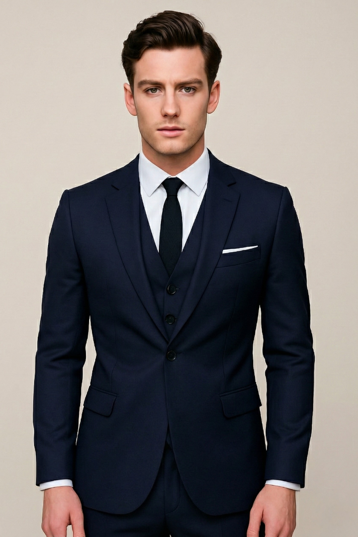 Modern men's slim fit 3-piece suit. Versatile formal wear perfect for business, weddings, or special ceremonies.
