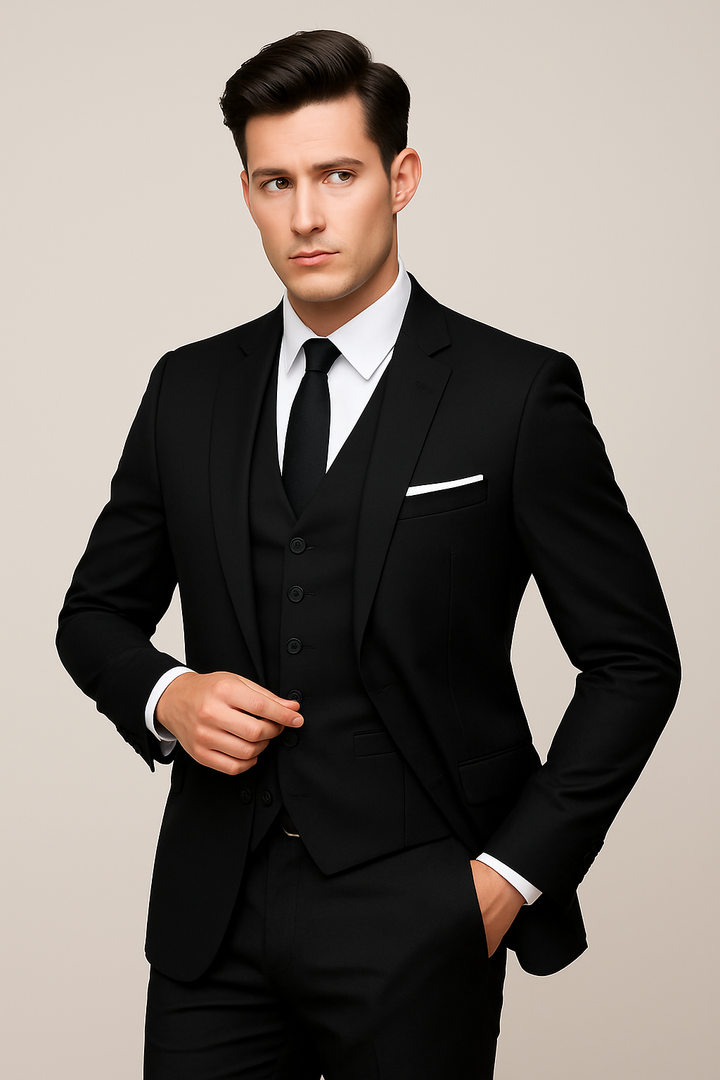Stylish navy blue men's slim fit 3-piece suit for weddings, business meetings, or formal events. Modern men's fashion.