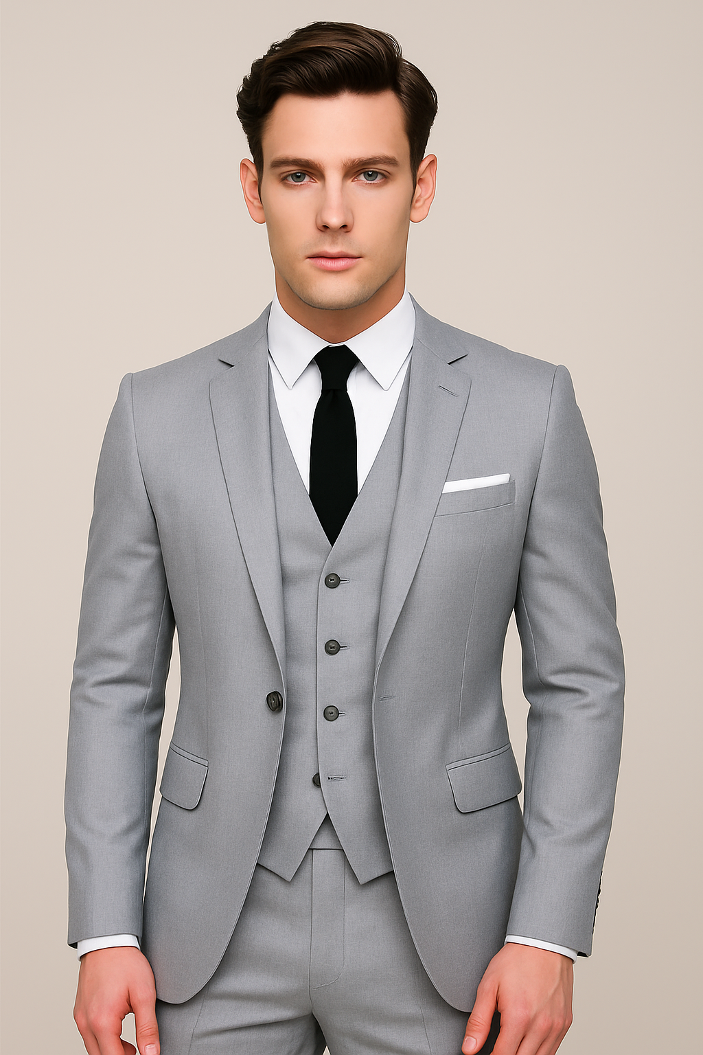 Elegant black slim fit 3-piece suit for men. Perfect formal attire for professional events, weddings, and ceremonies.